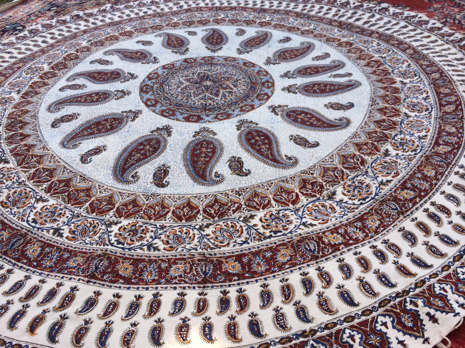 Extra Large 82 Inches Round Tablecloth Handcrafted Mandala Cotton Extra Large 82 Inches Round Tablecloth Handcrafted Mandala Cotton Tapestry Paisley Block Printed With Natural Dyes And Tassels