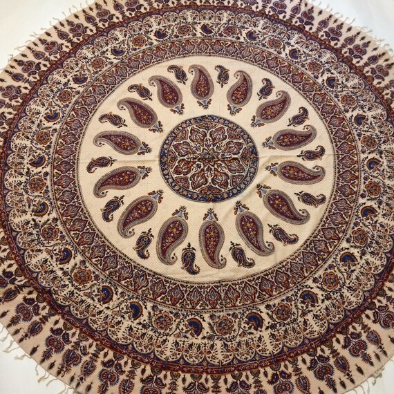 Extra large 82 inches round tablecloth , Handcrafted mandala cotton tapestry, Paisley Block Printed with Natural dyes and tassels
