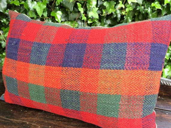 red and orange pillow -vintage hand woven natural wool pillow , farmhouse decor, check pillow , lumbar pillow , jajim pillow