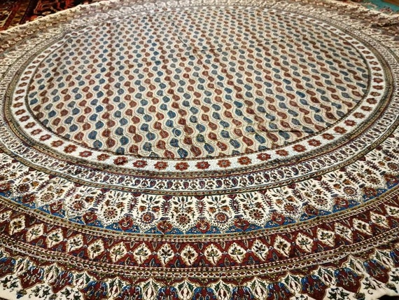 Calico fabric with Natural dyes, round tablecloth 70" inches with tassels