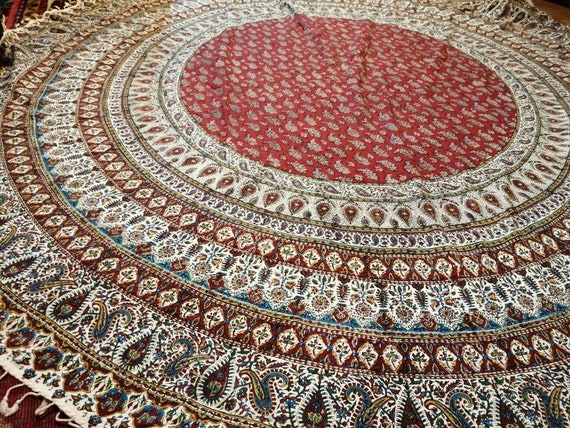 Calico fabric with Natural dyes, red round tablecloth 82" inches with tassels