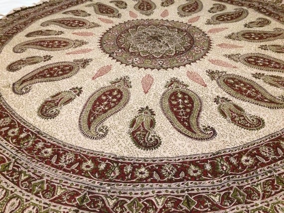 Traditional 60" inches round table-cloth , hand block printed cotton tapestry , natural dyes with tassels , round mandala tablecloth