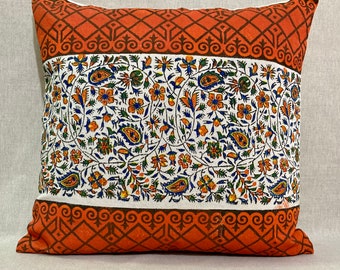 Orange cushion cover, hand block print Linen and cotton bohemian pillow cover 45" x 45", floral design