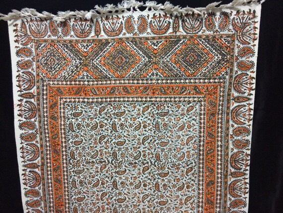 Hand printed orange Table runner 45" inches long, traditional hand dyed tapestry, wall decor, tablecloth, natural textile