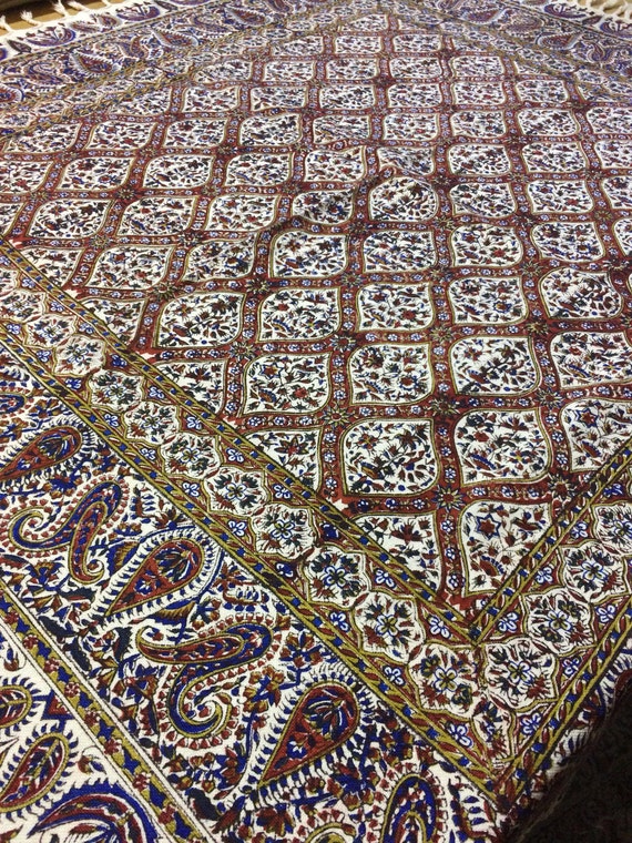 Hand block printed Square tablecloth, 39" inches natural dyes tapestry art with tassels