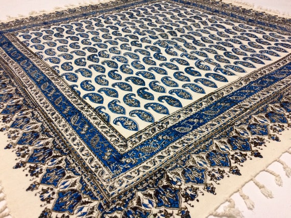 Magnifcent oriental pattern tapestry art, blue paisley tablecloth , calico fabric with natural dyes 40" inches