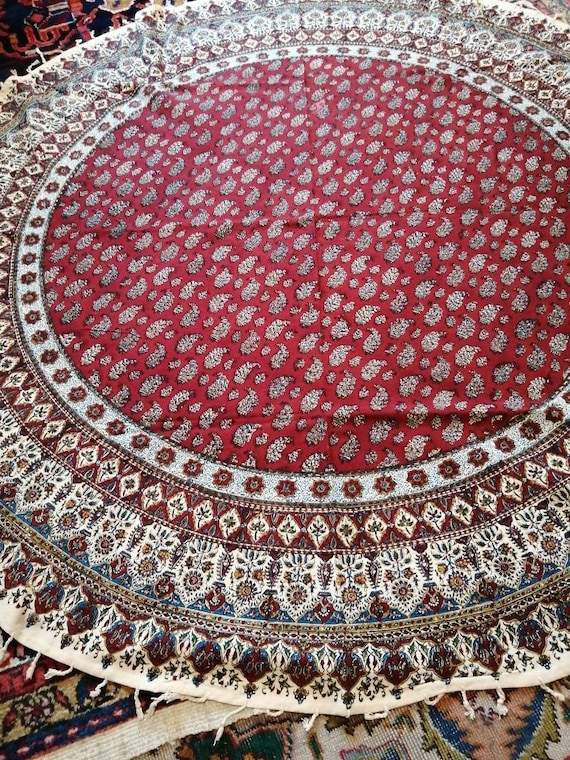 Red 60" inches Traditional round tablecloth with natural colours and tassels