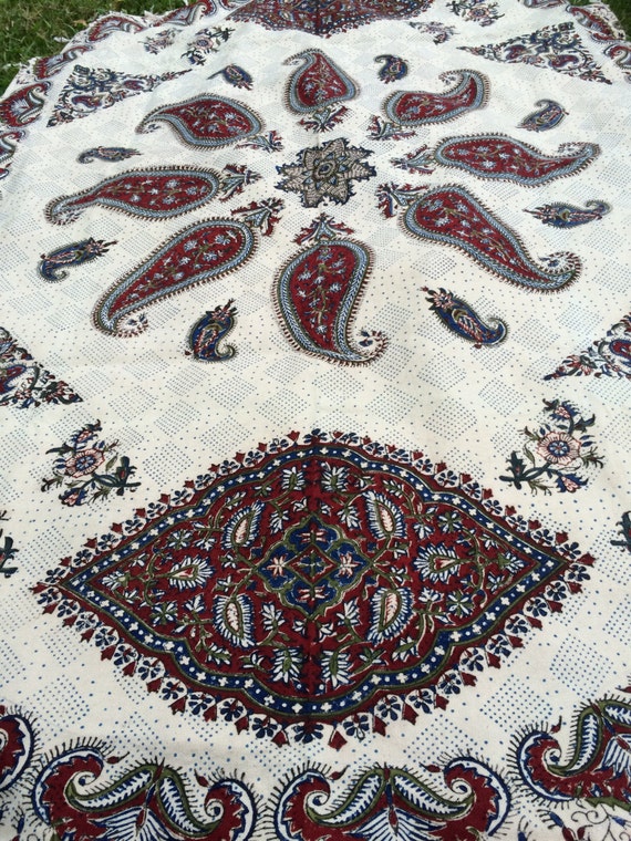 Oval tablecloth, paisley design handmade tapestry , natural dyes with tassels