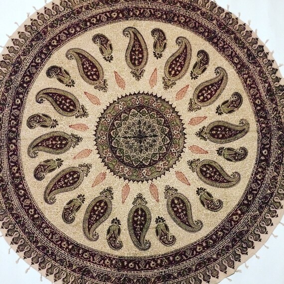Traditional 60" inches round table-cloth , hand block printed cotton tapestry , natural dyes with tassels , round mandala tablecloth