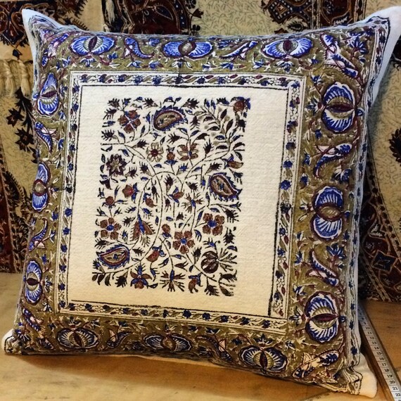 Decorative modern blue pillow , floral design in metallic gold colour , quality handprinted Cushion, Cotton and linen pillow