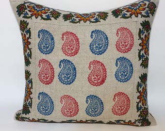 Pink and blue paisley pillow, Irish linen pillow  with traditional block printed paisley design| decorative cushions| linen pillowcase 18"x1