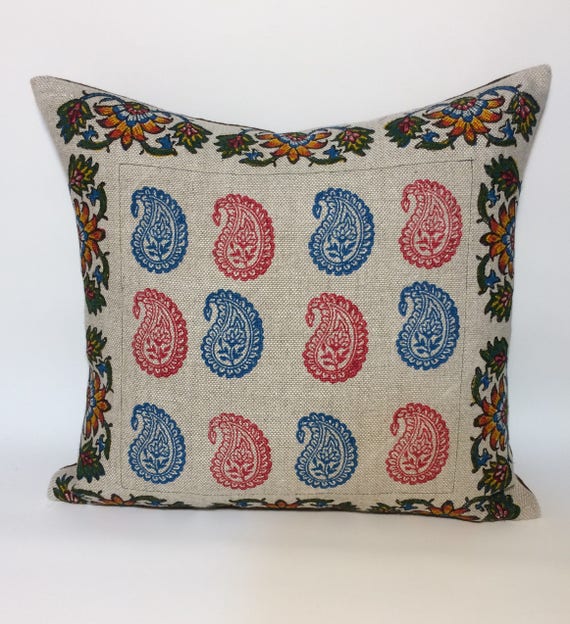 Pink and blue paisley pillow, Irish linen pillow  with traditional block printed paisley design| decorative cushions| linen pillowcase 18"x1
