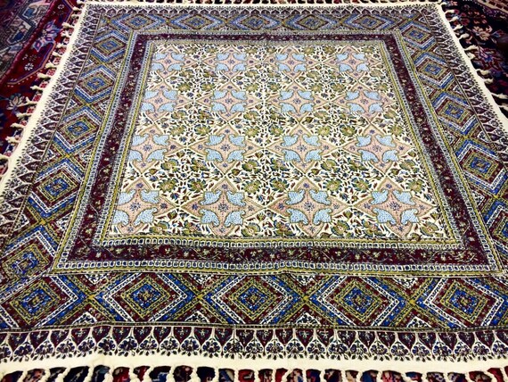 Handmade 45" green and blue tablecloth, Symbolic & spiritual textile art , block printed calico , wall hanging, green and blue tapestry