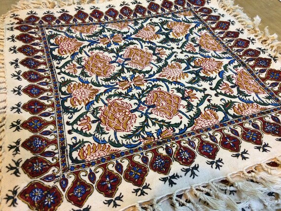 Hand printed 16" floral table top, traditional handmade cotton tapestry , natural dyes with tassels