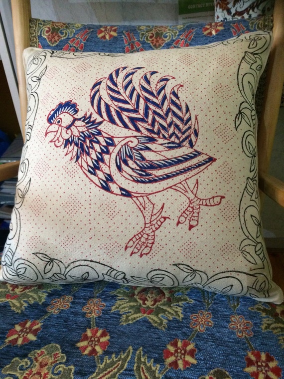 Hand Block printed pillow cover with rooster and dragonfly design, decorative cushions, Irish craft, Celtic design, wall decor