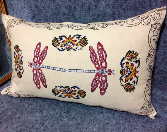 dragonfly pillow ,decorative pillow , handmade pillowcase, hand printed calico,cottage style,vintage style,pillow case dresses,xmas for her