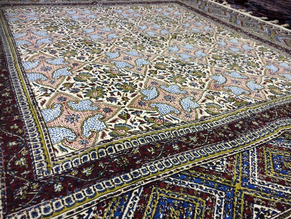 Handmade 45" green and blue tablecloth, Symbolic & spiritual textile art , block printed calico , wall hanging, green and blue tapestry