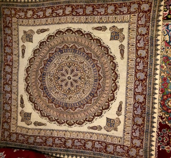 Stunning Large 80" inches tablecloth , block printed mandala tapestry with Natural dyes , square cotton table-cloth with tassels