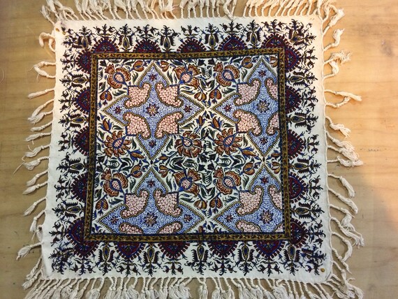 Hand printed tapestry , 16 inches floral table top, natural colours with tassels , paisley design , vintage Christmas , gift idea