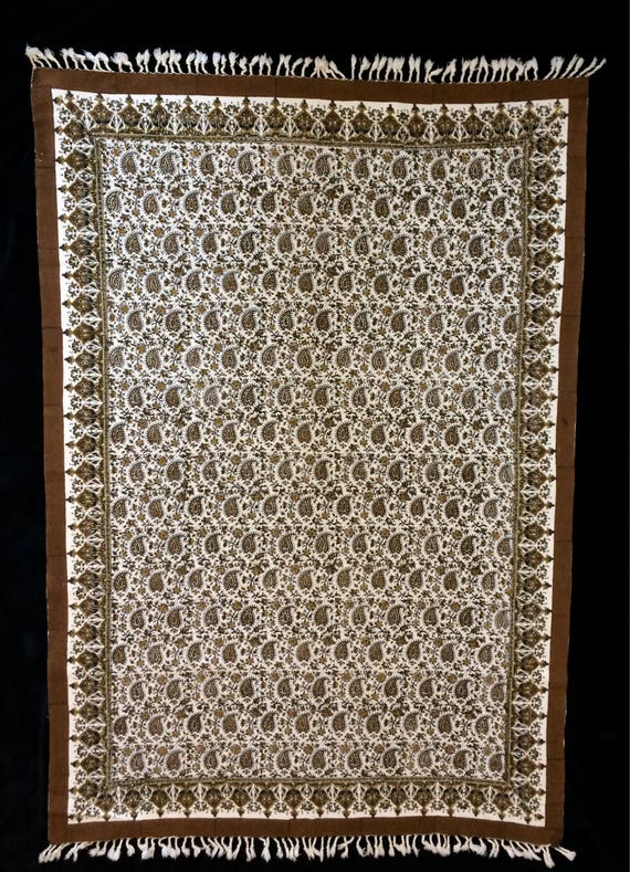 60 x 39 inches Rectangle brown tablecloth, hand printed paisley cotton tapestry art , wall decor, natural dyes with tassels