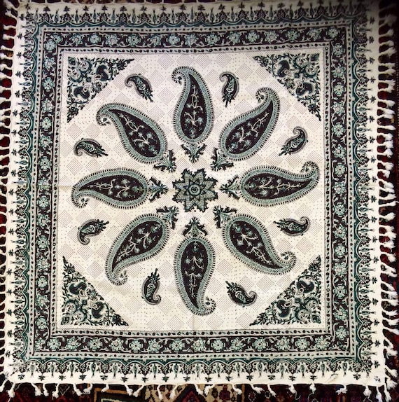 Green and brown tablecloth, block printed tapestry art, paisley tablecloth , wall decor, natural textile 39" inches with tassels