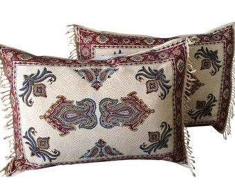 Set off two traditional block printed  pillows | handprinted bed pillows with paisley design 20 x 28 inches