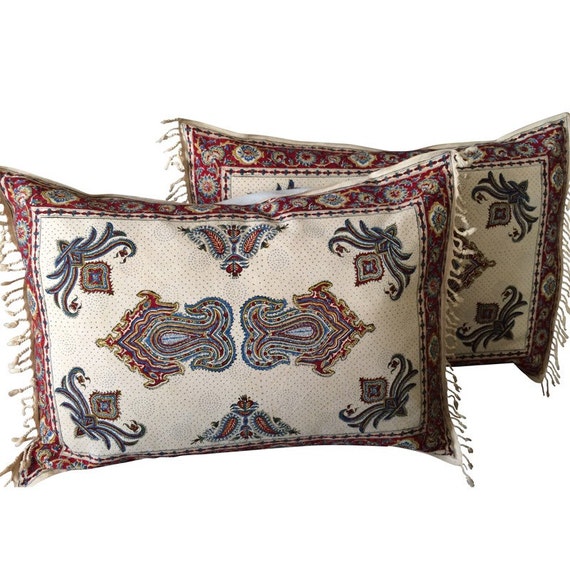 Set off two traditional block printed pillows | handprinted bed pillows with paisley design 20 x 28 inches