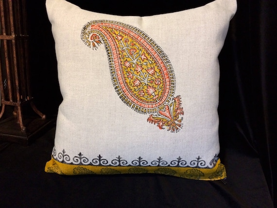 linen pillow block printed paisley design|modern orange linen pillowcase for home decor|cover 16"x16" case dresses|luxury christmas bauble
