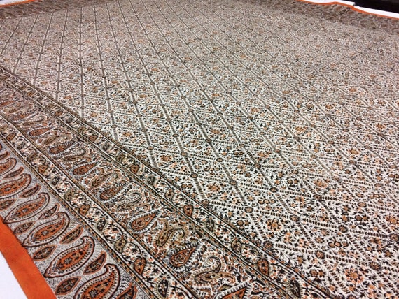 stunning large king size tapestry, bedspread, tablecloth, wall decor, block printed floral brown textile, orange paisley large tablecloth