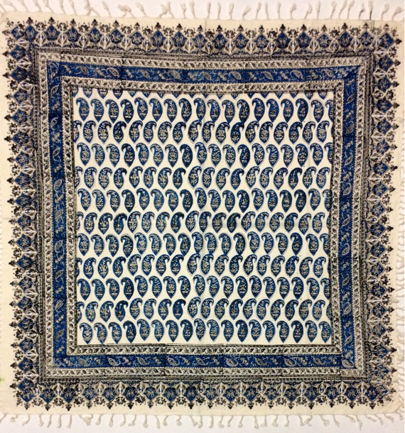 Magnifcent oriental pattern tapestry art, blue paisley tablecloth , calico fabric with natural dyes 40" inches