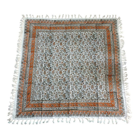 Orange paisley tablecloth, hand printed natural colour 40" inches with tassels, vintage textile, quality calico fabric, wall tapestry