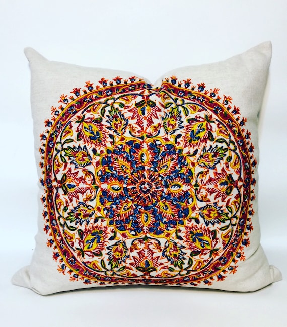 Hand printed Mandala pillow, traditional block printed linen blend cushions, mandala design, bohemian pillows, multicolored pillow