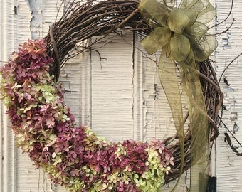 Dried Hydrangea and Grapevine Wreath Fall Autumn Natural Front Door Wreath Entryway Hand Made Maine Made Unique Gift Farmhouse Rustic