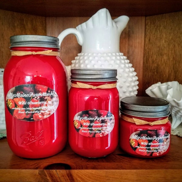 Wild Strawberry Soy Candle Juicy Succulent Fruity Enticing Irresistable Nostalgic Summertime Non-toxic Eco-friendly Made in Maine Farmhouse