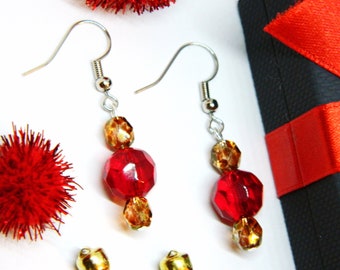 Festive Christmas Holiday Earrings Red and Gold Glass Beads Silver Tone