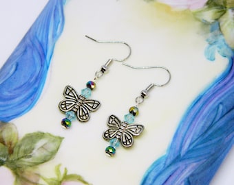 Butterfly Accent Earrings with Peacock Hematite and Aquamarine Color Bicones Butterfly Earrings Hematite Earrings Peacock Hematite Earrings