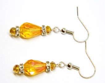 Gold Pear Shape Glass Bead Earrings with Rhinestone Spacer Accents Silver Tone Earrings Gold Glass Bead Earrings Rhinestone Earrings