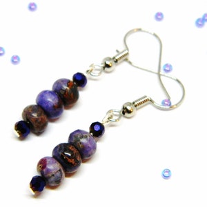 Pu&ograve; includere: Orecchini con perline di pietre preziose viola e marroni con ganci d'argento. Le perline sono rotonde e hanno un aspetto screziato.