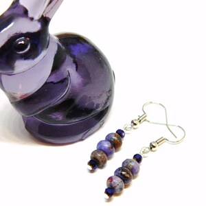 Pu&ograve; includere: Orecchini viola e argento con un gruppo di perle viola e marroni. Gli orecchini sono appesi a ganci d'argento.