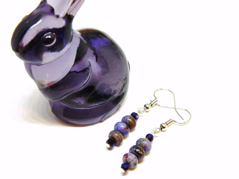 Pu&ograve; includere: Orecchini viola e argento con un gruppo di perle viola e marroni. Gli orecchini sono appesi a ganci d'argento.