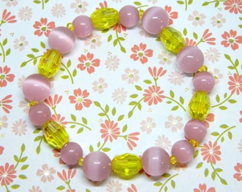 Valentine’s Day Pink Cat's Eye Glass Beads and Faceted Yellow Barrel Beads 7 Inch Stretch Bracelet Great Gift or Accessory