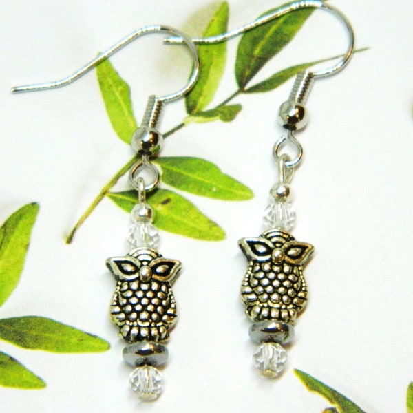 Super Cute Owl Earrings with Tiny Crystals Dainty Owl Earrings Glass Bead Owl Earrings Silver Tone Owl Earrings