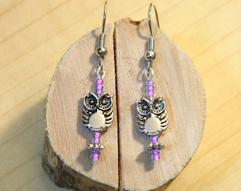 Owl Earrings Tiny Lavender Lined Seed Beads and Silver Tone Accent Great Gift or Accessory