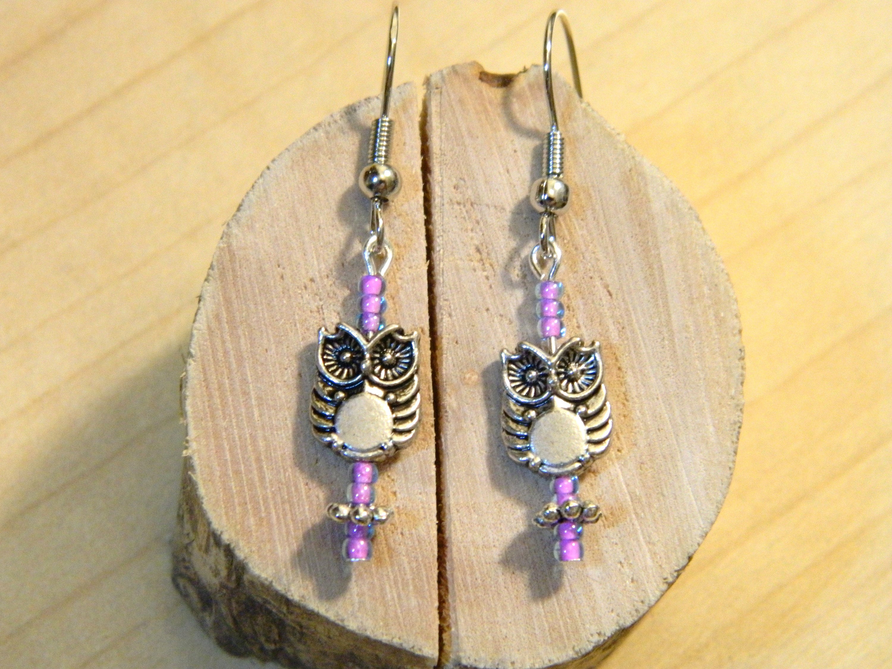 Owl Earrings Tiny Lavender Lined Seed Beads and Silver Tone Accent Great Gift or Accessory