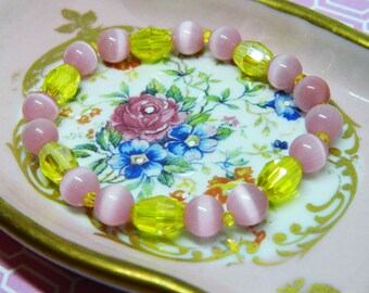 Stretch Bracelet 7mm Pink Cat's Eye Glass Beads and Faceted Yellow Barrel Beads 7 Inch Stretch Bracelet Great Gift or Accessory
