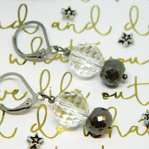 Very Elegant Superbly Faceted Clear and Gray Glass Bead Leverback Earrings Stainless Steel Hardware