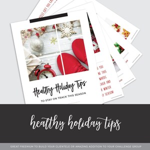 Pode incluir: Uma folha imprimível com uma colagem de imagens de férias e o texto "Healthy Holiday Tips To Stay On Track This Season". O texto "healthy holiday tips" também está incluído em uma fonte maior.