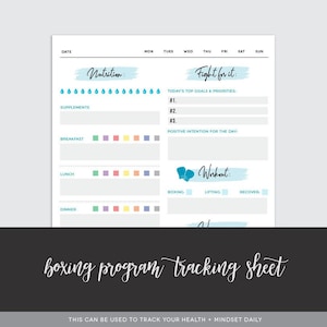 Puede incluir: Una hoja de seguimiento de programa de boxeo imprimible con secciones para nutrición, entrenamiento y objetivos. La hoja incluye un rastreador de agua, planificación de comidas y espacio para afirmaciones positivas.