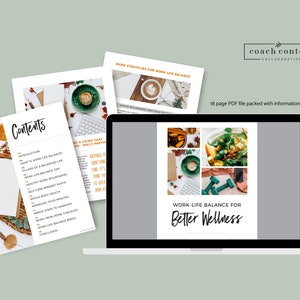 K&ouml;nnte beinhalten: Ein Laptop-Bildschirm zeigt eine Collage von Bildern, die sich auf Work-Life-Balance und Wellness beziehen. Der Text "WORK-LIFE BALANCE FOR Better Wellness" wird auf dem Bildschirm angezeigt. Der Laptop befindet sich auf einer gr&uuml;nen Oberfl&auml;che.