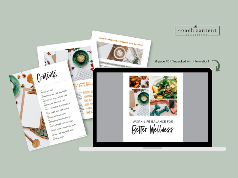 K&ouml;nnte beinhalten: Ein Laptop-Bildschirm zeigt eine Collage von Bildern, die sich auf Work-Life-Balance und Wellness beziehen. Der Text "WORK-LIFE BALANCE FOR Better Wellness" wird auf dem Bildschirm angezeigt. Der Laptop befindet sich auf einer gr&uuml;nen Oberfl&auml;che.
